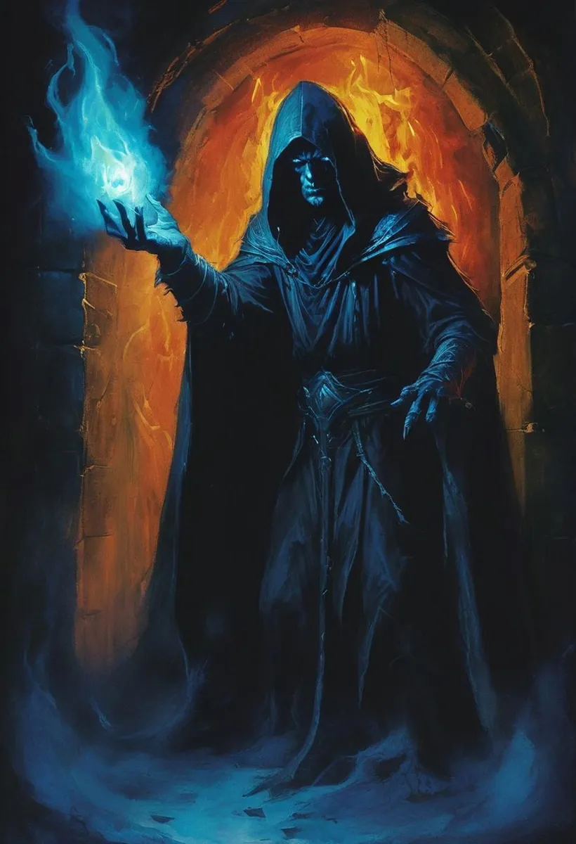 A hooded dark wizard conjuring a blue flame with an orange fire background, AI-generated with Stable Diffusion.