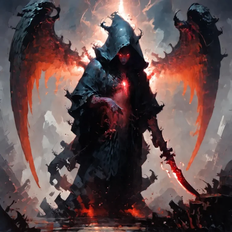A dark angel with flaming red wings, hooded figure, and glowing red heart. AI generated image using Stable Diffusion.