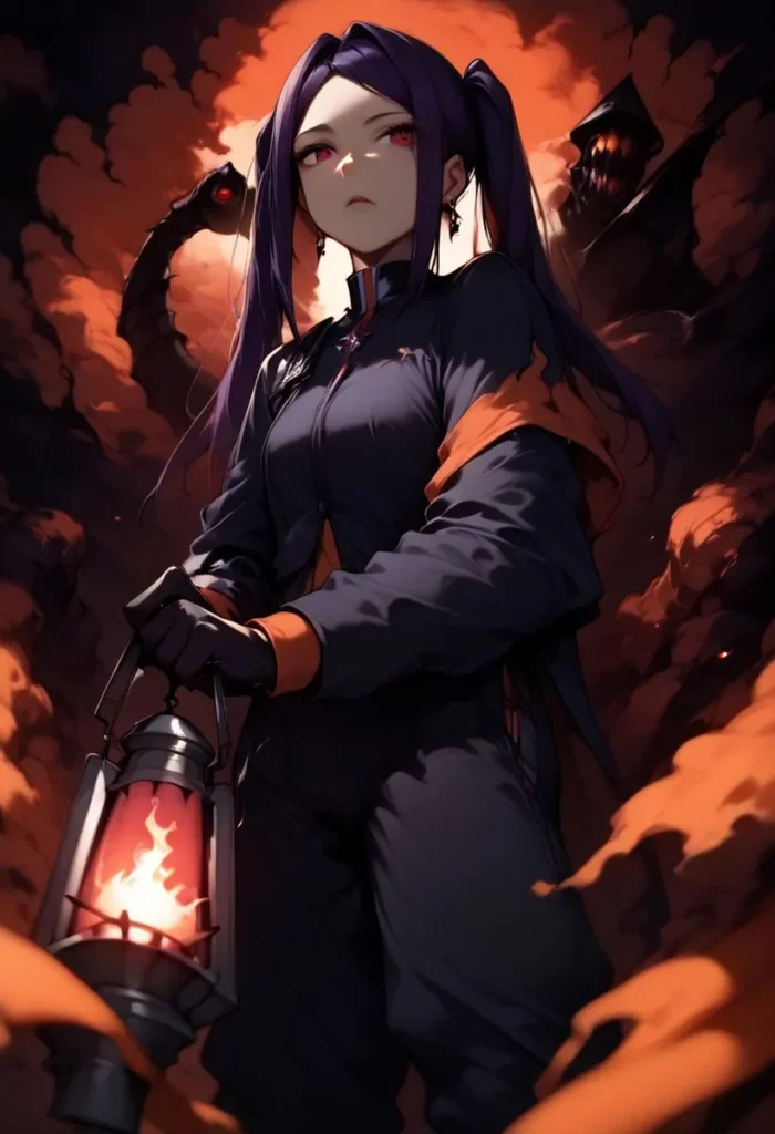 A dark anime girl with long hair holding a lantern with a fiery glow, surrounded by ominous clouds and shadowy figures in the background. AI generated image using stable diffusion.