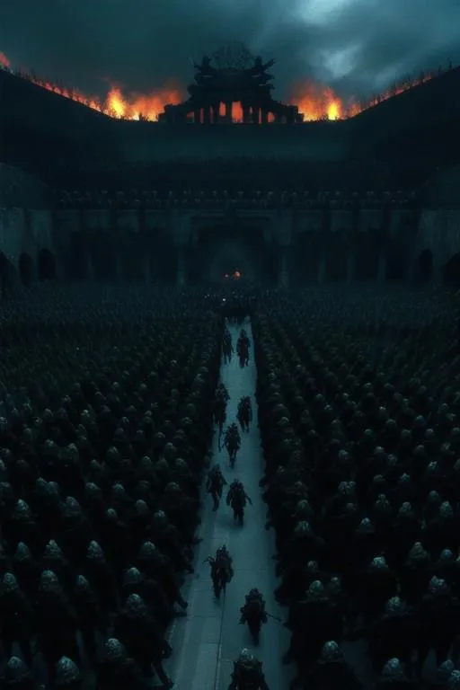 A dark army scene in front of a burning fortress created using Stable Diffusion.