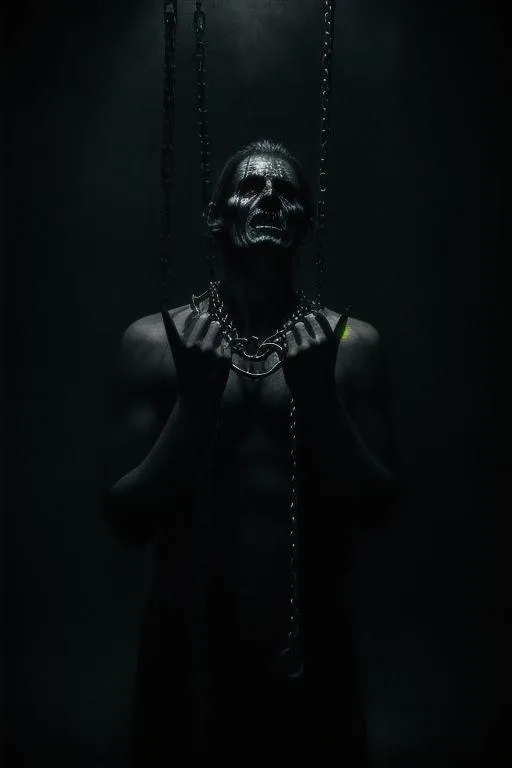 A shadowy figure with dark paint on their face, bound by chains in a dimly lit setting, AI generated using stable diffusion.