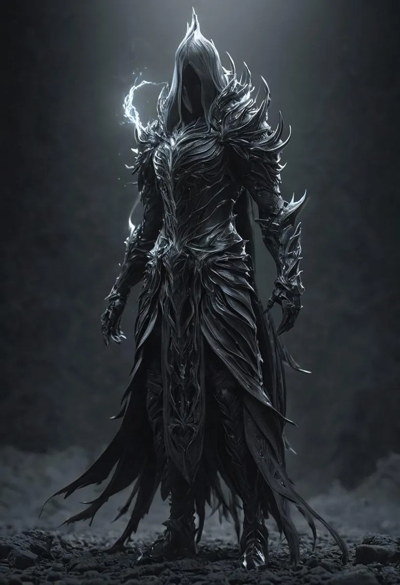 A dark fantasy warrior dressed in intricate black armor and a hood, standing on rocky ground. This is an AI generated image using Stable Diffusion.