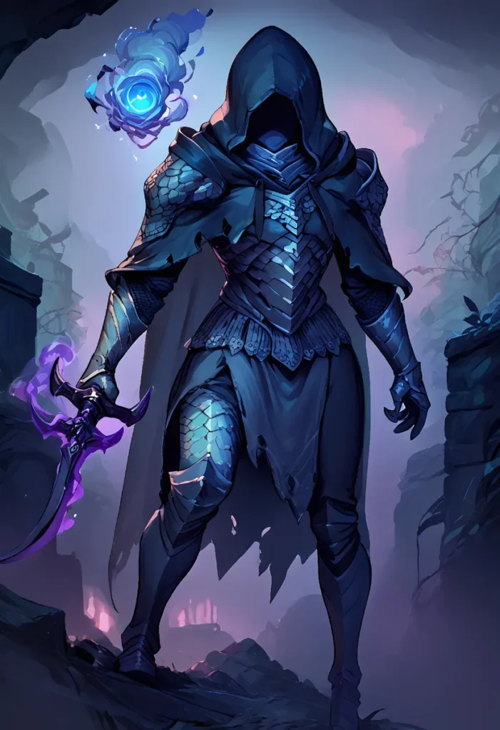 A dark fantasy warrior in sleek, scale-like armor and a hooded cloak, holding an enchanted sword emitting a purple glow with a floating blue magic orb beside them. This is an AI generated image using Stable Diffusion.