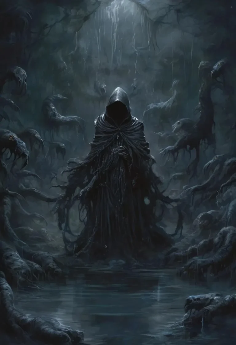 A dark hooded figure standing in an eerie forest surrounded by shadowy, otherworldly creatures. This is an AI generated image using Stable Diffusion.