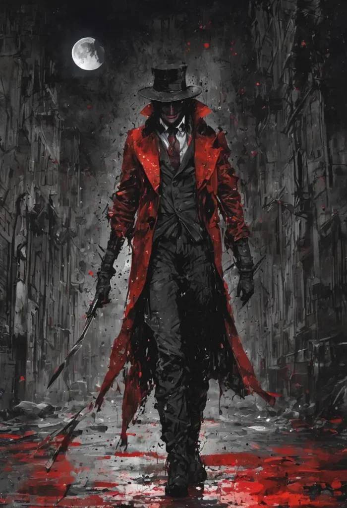 A dark hunter in a red coat and top hat, holding a weapon in a moonlit alley. AI generated using stable diffusion.