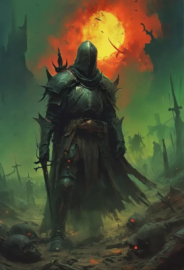 A dark knight in spiked armor stands on an apocalyptic battlefield with a fiery sky in the background. AI generated image using Stable Diffusion.