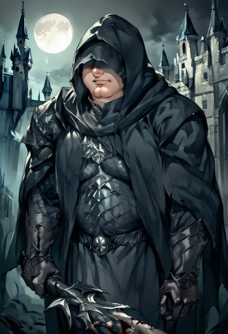 A dark knight in heavy armor and hooded cloak stands menacingly with a gothic castle and a full moon in the background. AI generated image using Stable Diffusion.