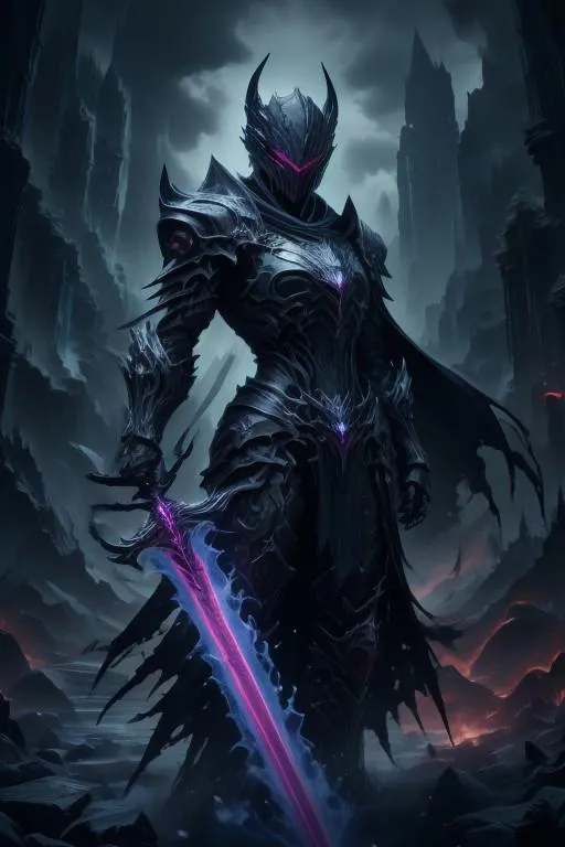 A dark knight in intricate black armor holding a glowing purple sword, in a dark, gothic fantasy landscape. This is an AI-generated image using Stable Diffusion.