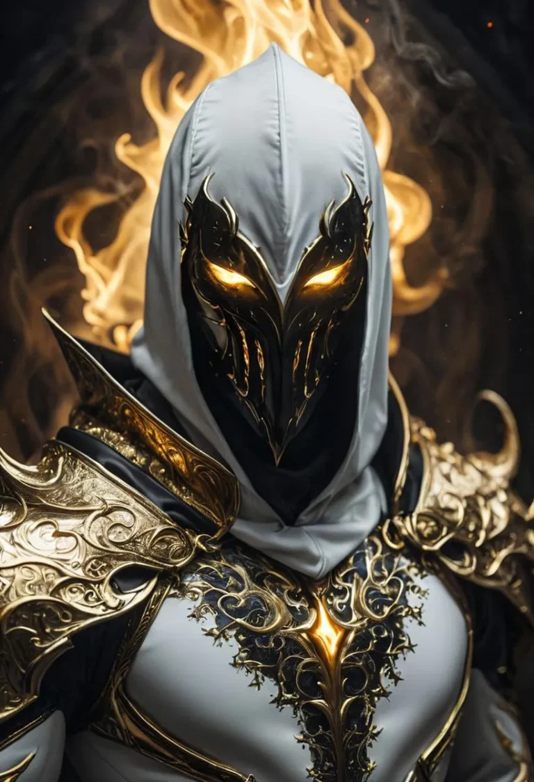 A dark knight with a black and golden mask and ornate fantasy armor. AI generated image using stable diffusion.