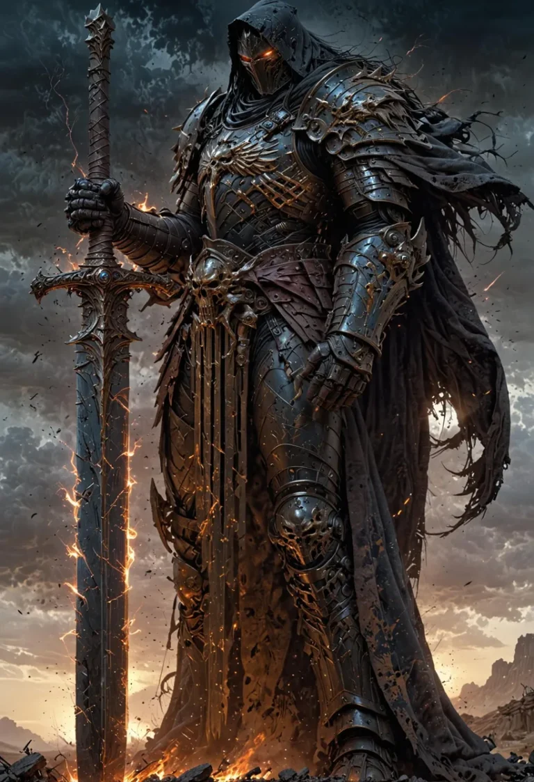 A detailed AI-generated image of a dark knight fantasy warrior standing amidst a stormy backdrop. The knight is clad in ornate black armor with glowing orange eyes, wielding a large, intricately designed sword with fiery embers around it, created using Stable Diffusion.