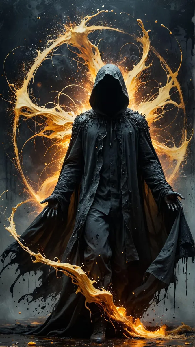 Dark hooded mage surrounded by swirling fiery magic, AI generated image using stable diffusion.