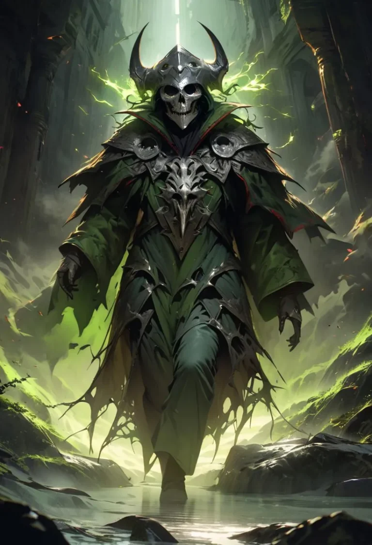 A dark sorcerer in a tattered green robe and an intricate armored skull helmet, glowing green energy emanating from behind, created using Stable Diffusion.