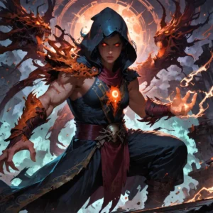 AI-generated image of a dark sorceress with glowing red eyes under a hood summoning fiery dragon spirits in a mystical background using Stable Diffusion.