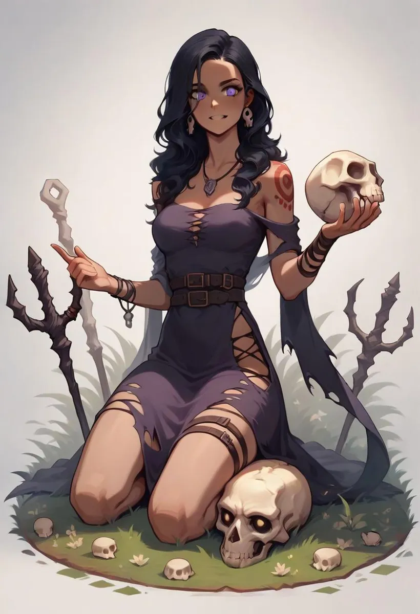AI generated image of a dark sorceress kneeling in a mystical setting, holding a skull in one hand and surrounded by other small skulls on the ground.