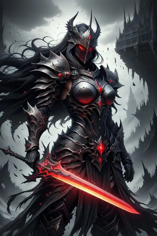 A dark warrior in intricate fantasy armor holding a glowing red sword, generated using Stable Diffusion AI.