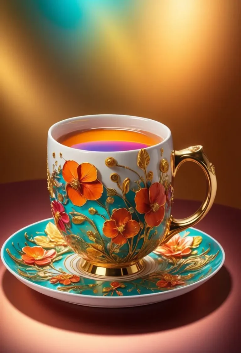 Decorative floral teacup with golden details and colorful flowers, AI generated image using Stable Diffusion.