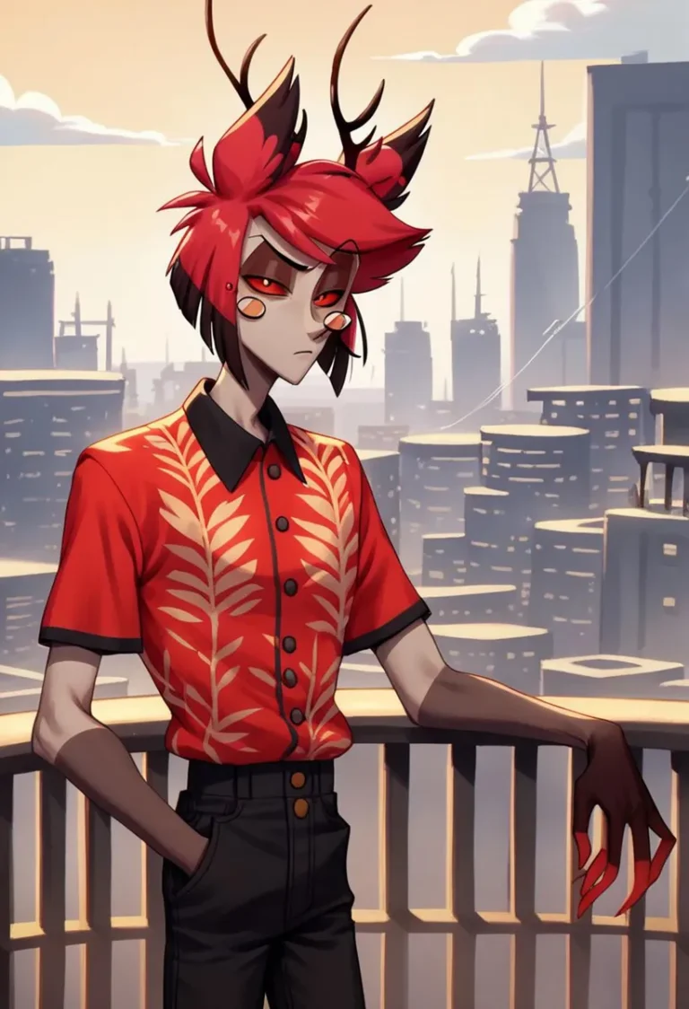 Anthropomorphic deer hybrid character with red hair and antlers, clad in a red and yellow leaf-patterned shirt, standing on a balcony with a city skyline in the background, AI generated using Stable Diffusion.