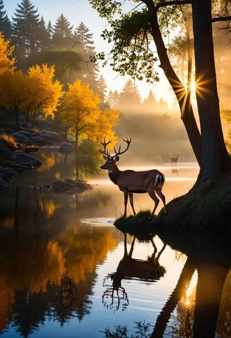 Deer standing by a serene lake with autumn trees and sunset light, AI generated using Stable Diffusion.