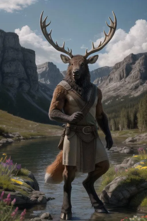Anthropomorphic deer warrior standing in a mountainous landscape with a calm river, created using Stable Diffusion.