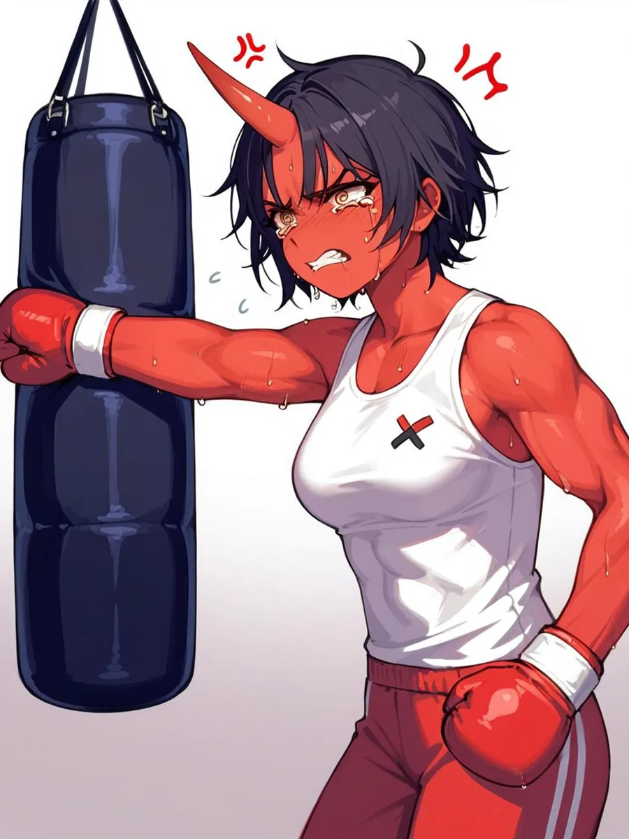 AI generated anime-style image of a demon girl boxing with a punching bag using Stable Diffusion.