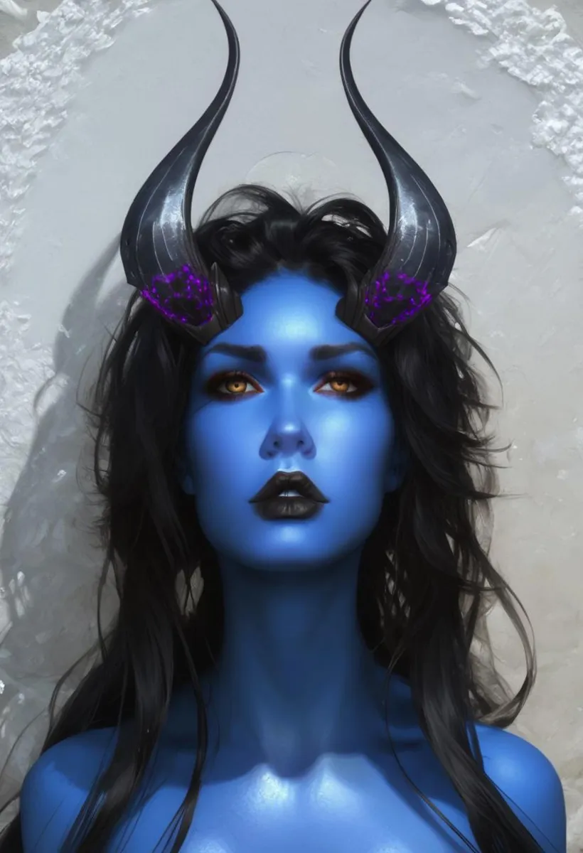 A blue-skinned demon woman with black hair, black lips, and dark horns with glowing purple accents, created using Stable Diffusion.