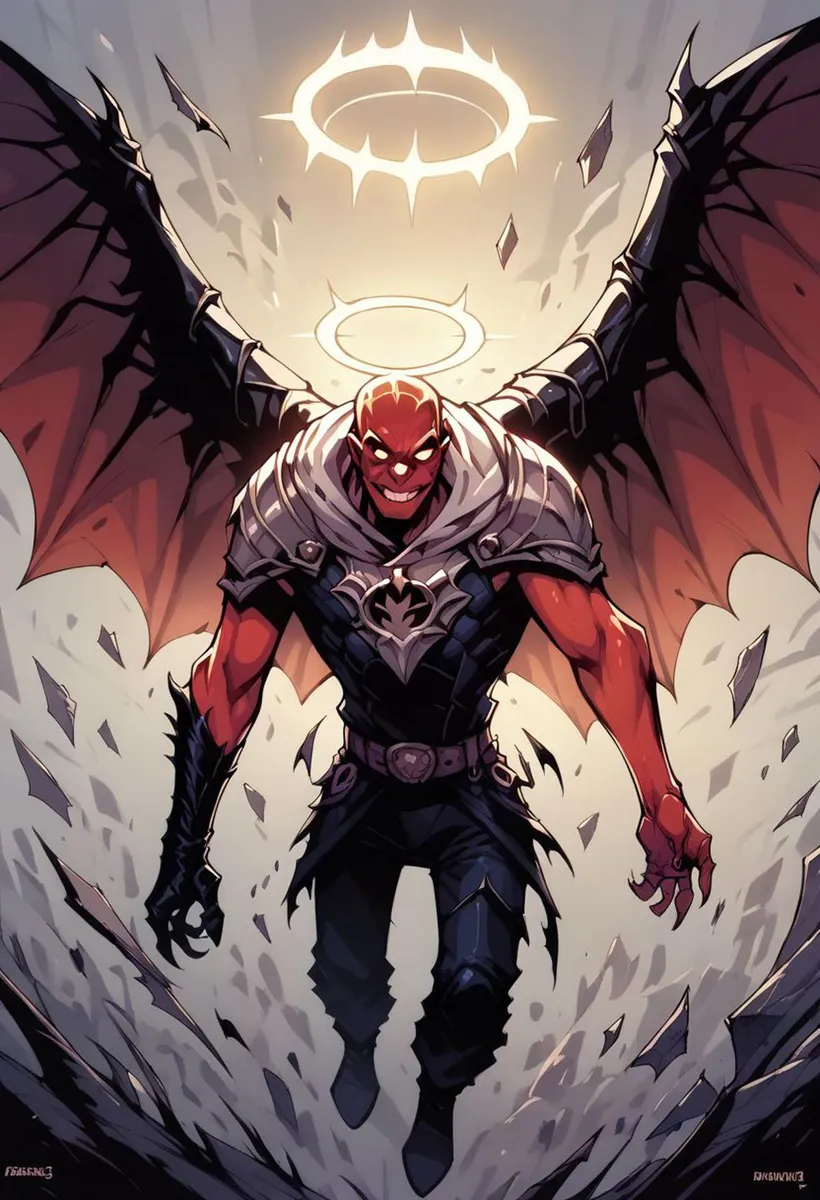 A demon warrior with angelic attributes, created using Stable Diffusion AI. The character has bat-like wings and a glowing halo over its head.
