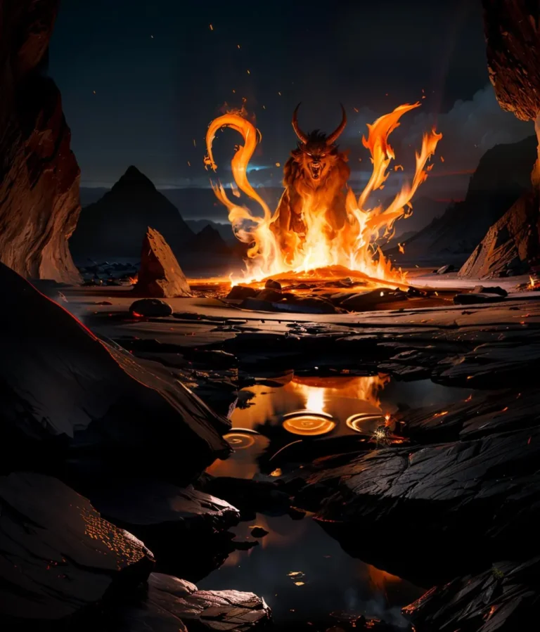 A demonic, fiery creature with horns emerging from a blazing fire in a dark, rocky, and hellish landscape. AI generated image using Stable Diffusion.