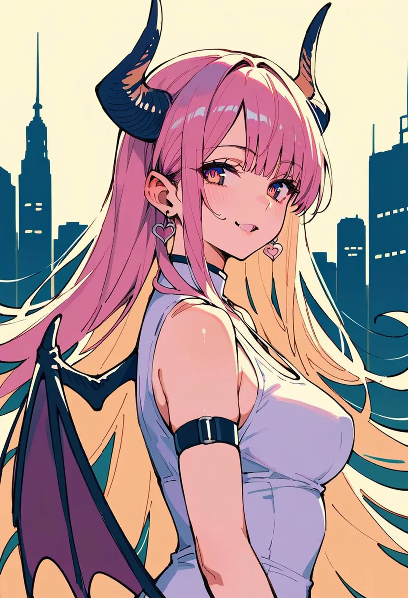 Anime-style illustration of a demon girl with pink hair and demon horns, generated using Stable Diffusion AI.