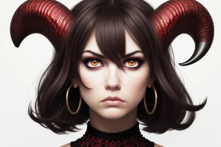 A close-up fantasy portrait of a girl with striking amber eyes, large red curved horns, and dark hair, created using AI and Stable Diffusion.