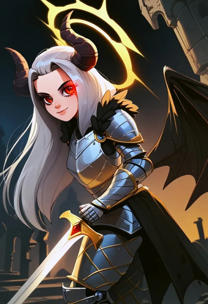 AI generated image using stable diffusion. A demon knight with white hair, red eyes, horns, and bat wings in shining armor wielding a sword in a dark, mystical setting.