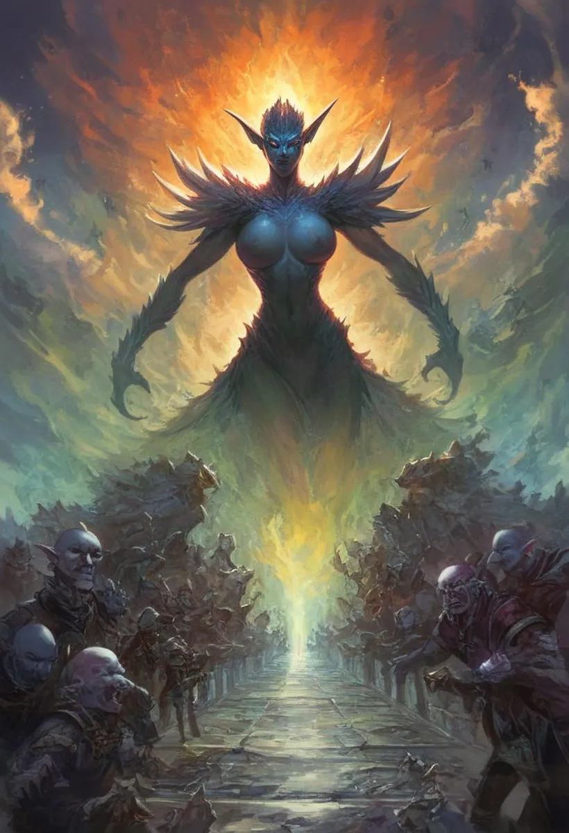 A giant fantasy demon queen with sharp features and fiery aura descending upon a crowd of smaller beings, AI generated image using stable diffusion.