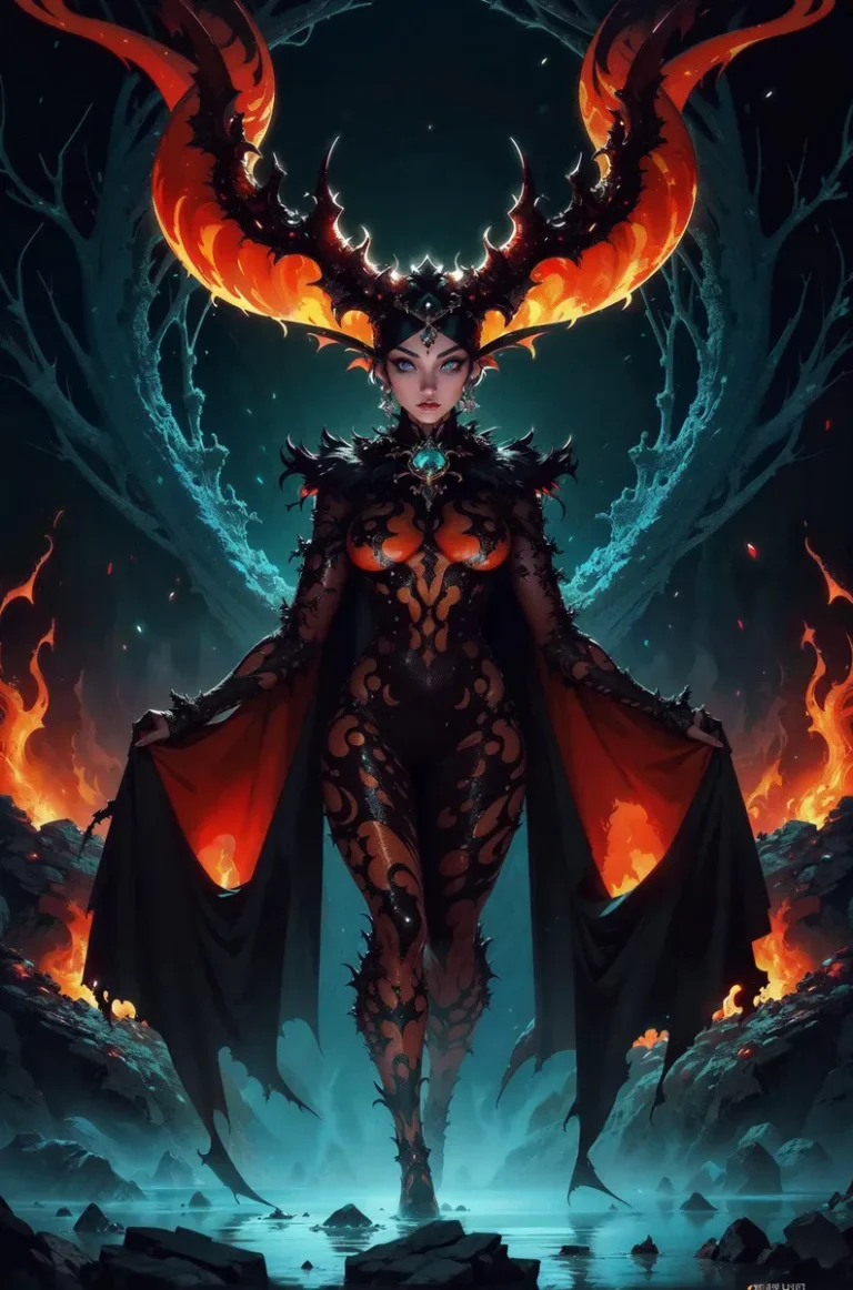 An AI generated image using stable diffusion of a demon queen in dark fantasy art style, showcasing her standing surrounded by fire and mystical elements.