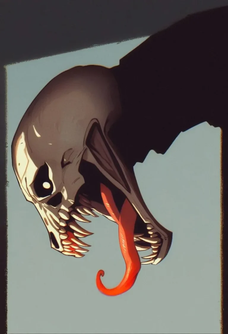 AI generated image using stable diffusion depicting a demon skull with a long red tongue against a dark and shadowy background. Artistic style emphasizing bold contrasts and menacing details.