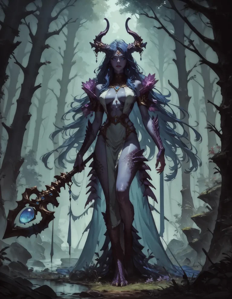 A fantasy demon sorceress with horns and a mystical staff in an enchanted forest, created using Stable Diffusion AI.