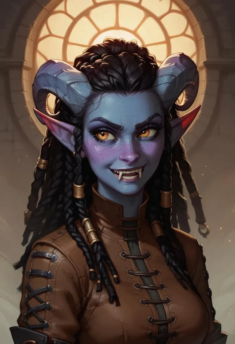 A fantasy-themed digital art of a demon woman with blue skin, horns, pointed ears, braided hair, and fangs, wearing a brown leather outfit. This is an AI generated image using Stable Diffusion.