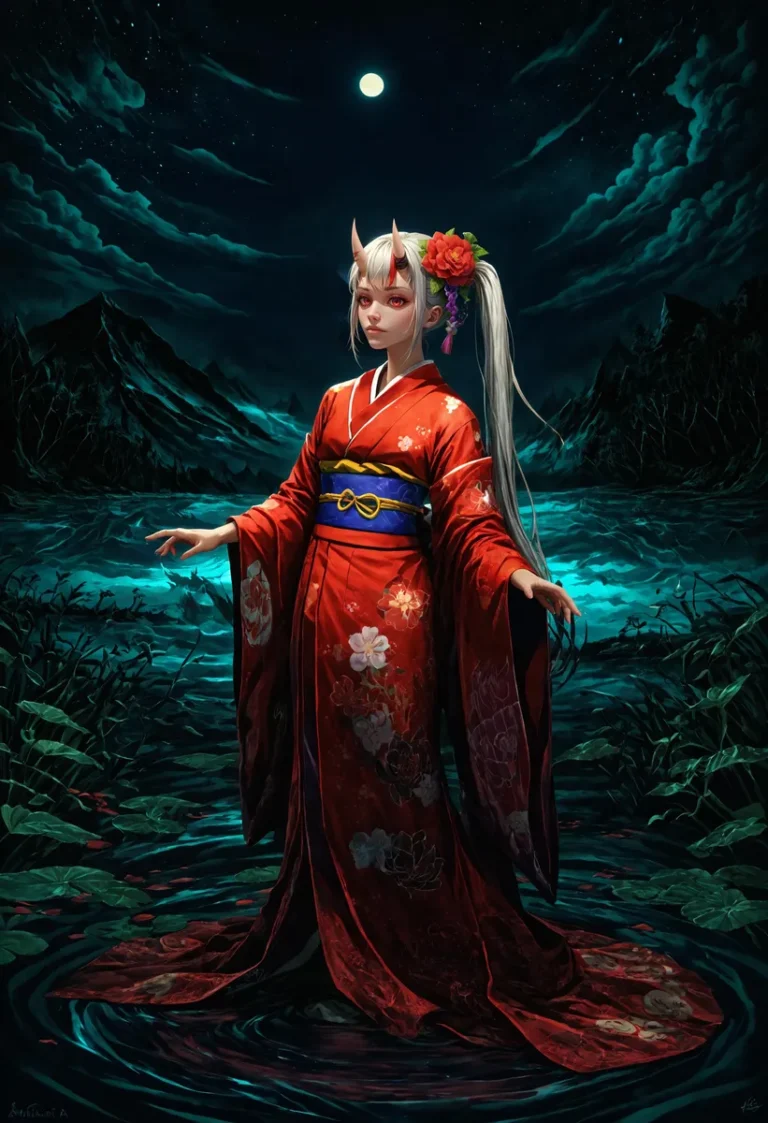 An AI generated image using Stable Diffusion featuring a demon woman in a traditional kimono standing in a moonlit night by a mystical river.