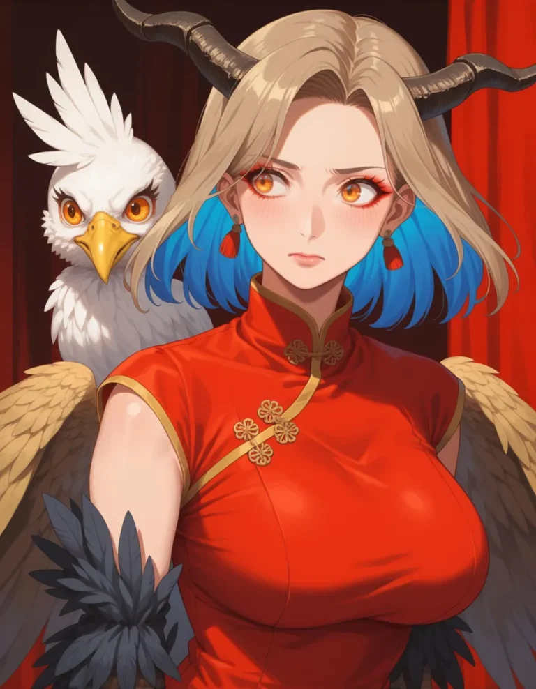 AI-generated image using stable diffusion of a demon woman with horns, wearing a red dress, with vibrant blue hair tips, and a griffin with white feathers and piercing orange eyes in the background.