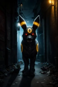 A demonic-looking dog with bright red glowing eyes and yellow markings stands menacingly in a dark, narrow alley. Trash is strewn about the alley, and dim streetlights add to the eerie atmosphere. This is an AI generated image using Stable Diffusion.