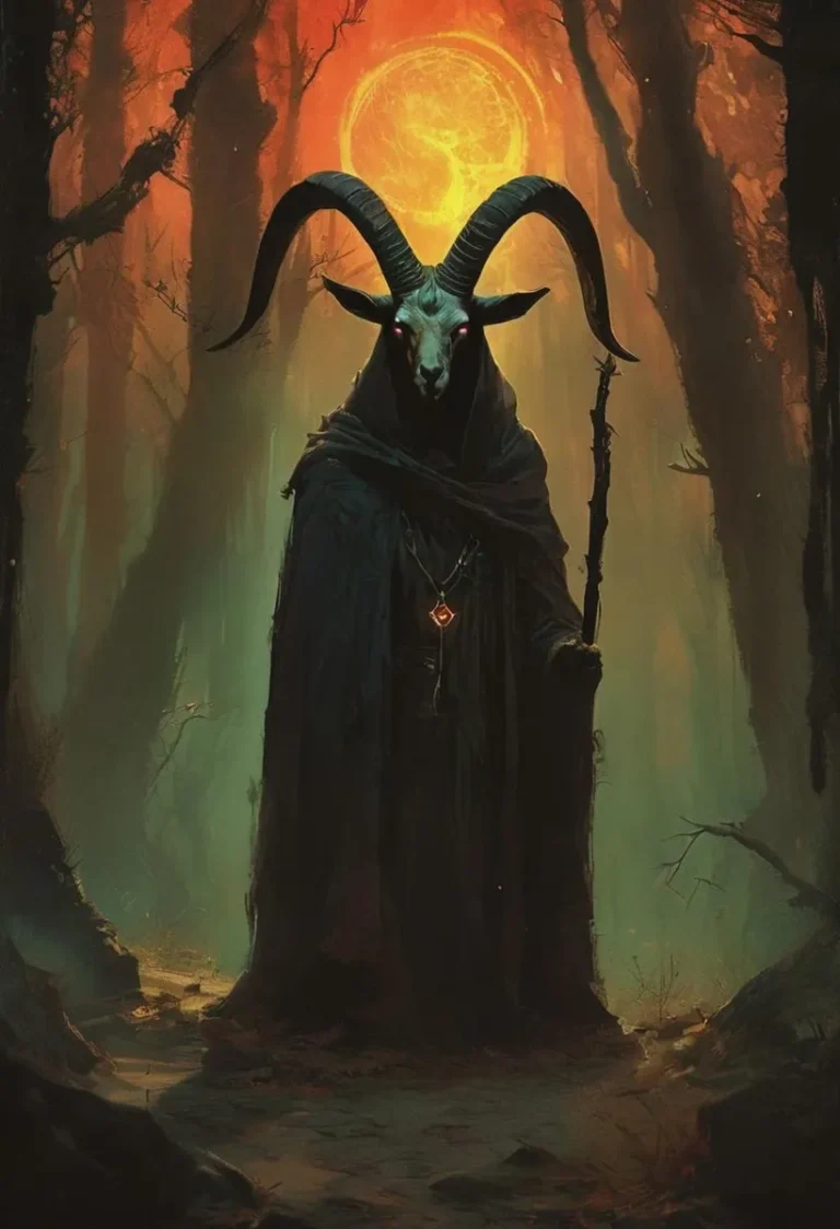 AI-generated image of a demonic figure with ram's horns and glowing red eyes standing in a dark forest with a bright full moon in the background using Stable Diffusion.
