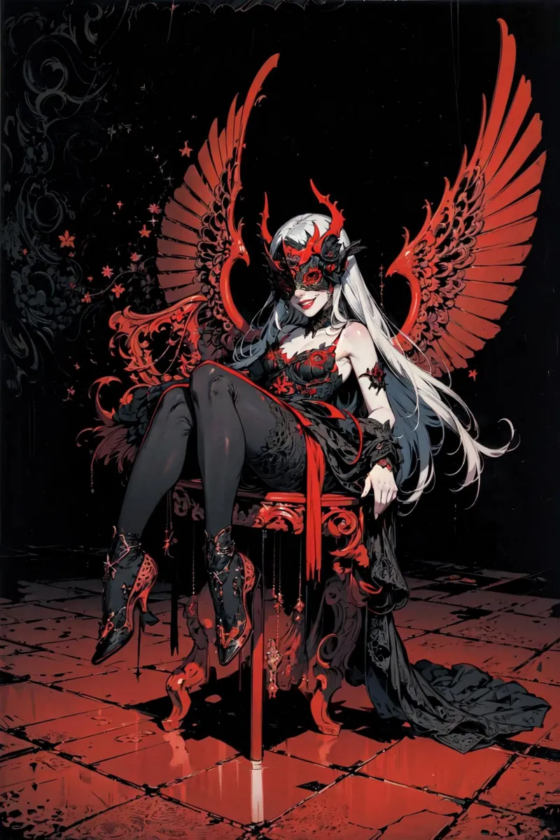 AI generated image using Stable Diffusion of a demonic woman seated on a red ornate chair with red wings and black and red attire.