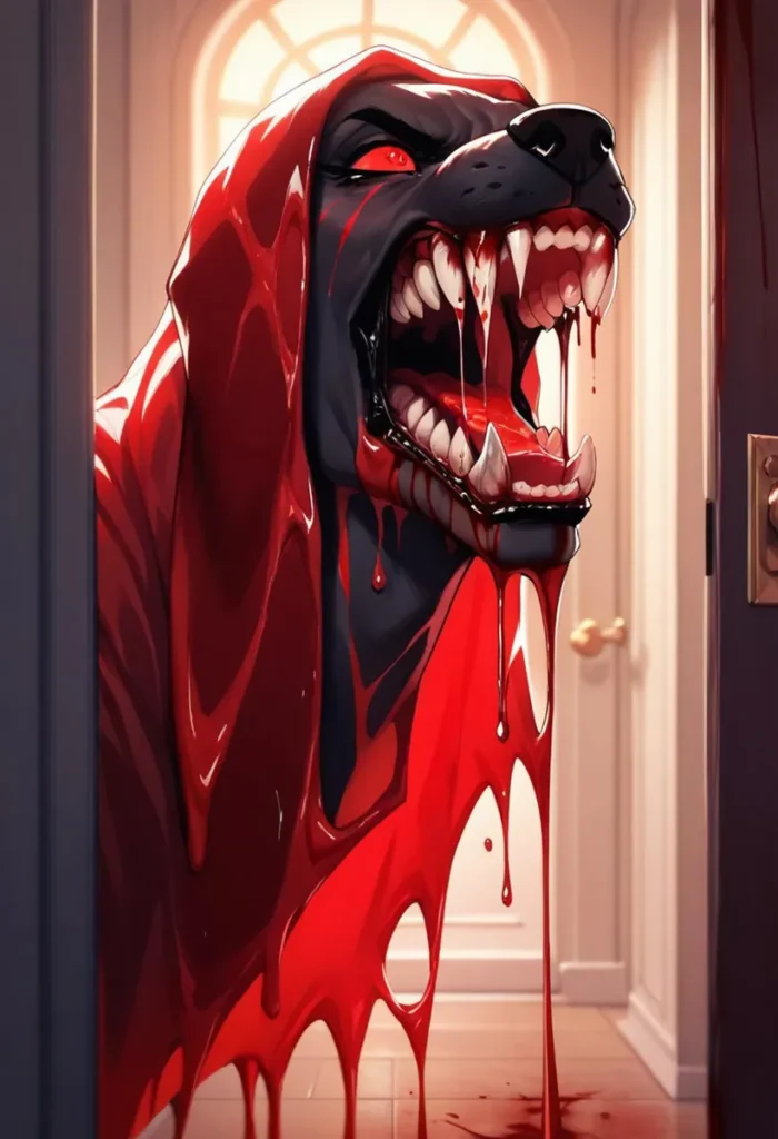 A monstrous, demonic dog dripping with blood stands menacingly in a doorway, created with Stable Diffusion AI.