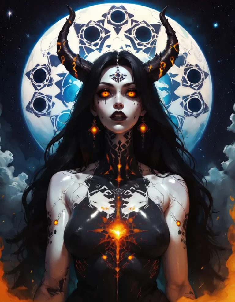 Demonic femme with glowing eyes and horns standing against a full moon backdrop, AI generated image using Stable Diffusion.