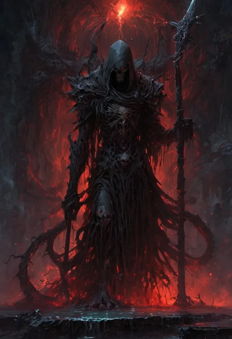 A dark fantasy scene featuring a demonic warrior with a skeletal frame, wearing tattered armor and holding a large spear. The background is ablaze with fiery red light, emphasizing that this is an AI-generated image using Stable Diffusion.
