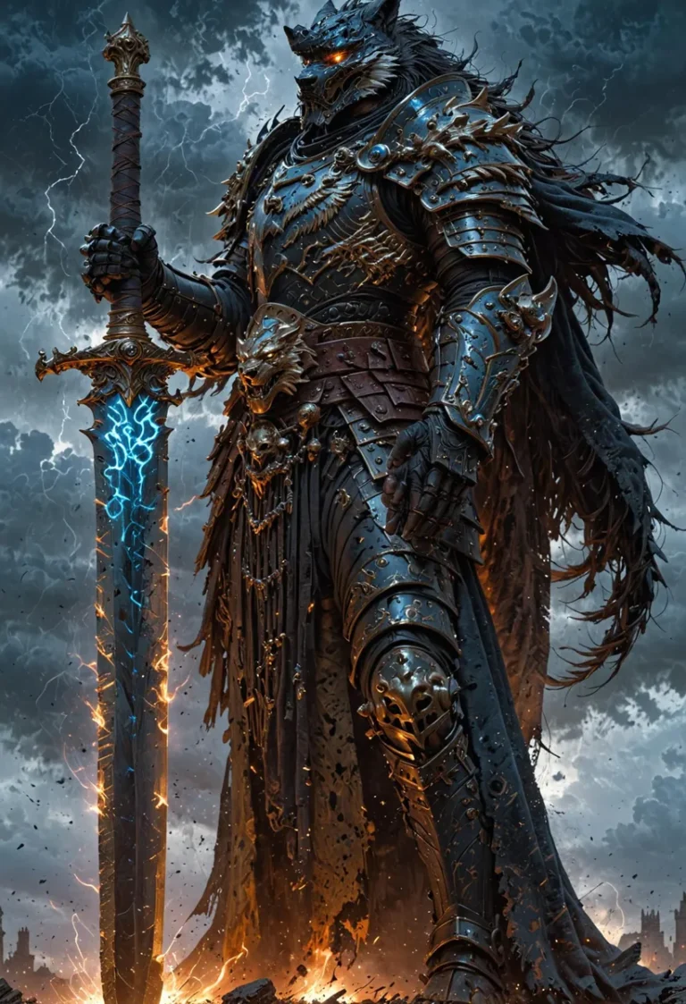 An AI generated image using stable diffusion of a demonic warrior in detailed fantasy armor holds a large sword infused with lightning.