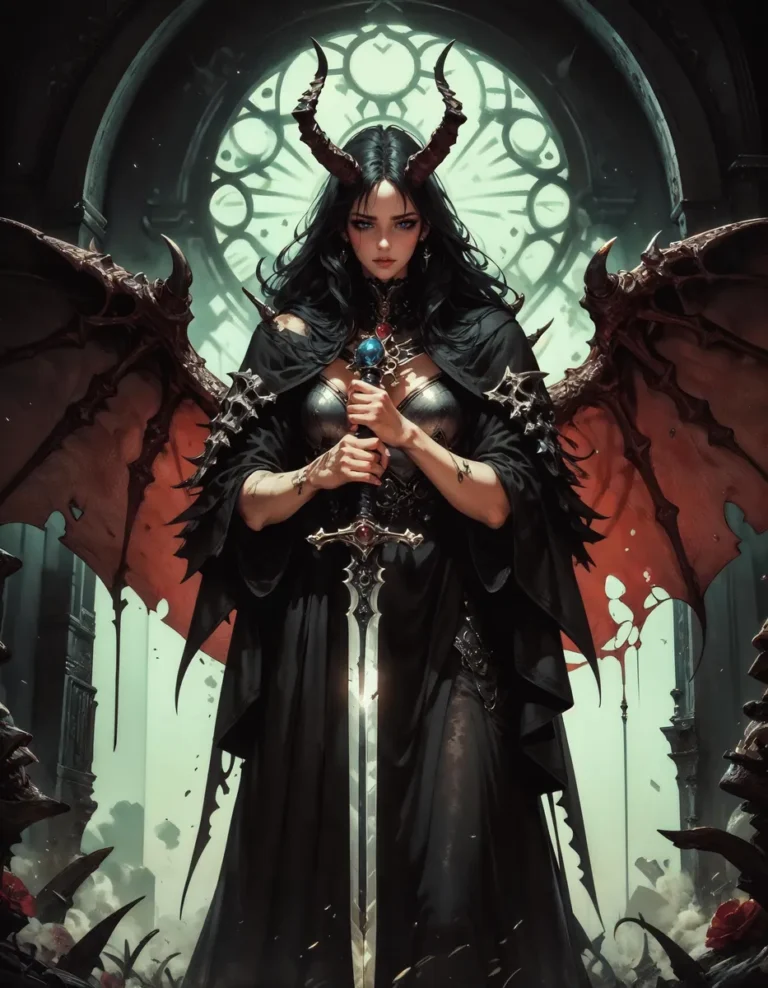 A dark fantasy-themed image of a demonic woman with horns and wings, holding a sword, created using Stable Diffusion AI.