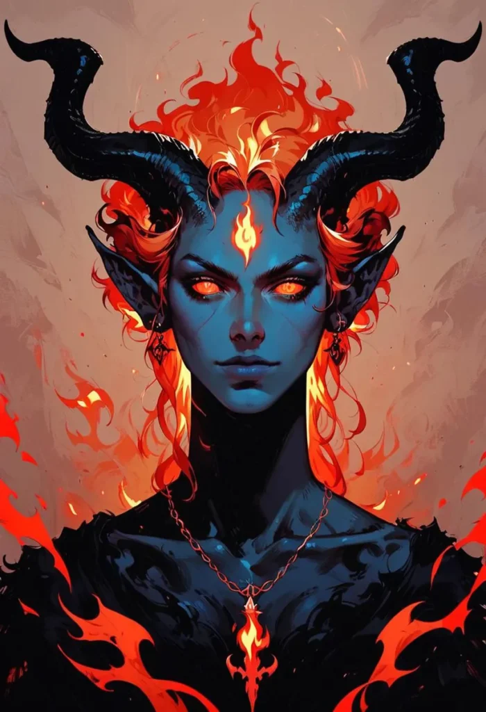 A demonic woman with flaming hair, blue skin, horns, and glowing eyes, generated using stable diffusion.