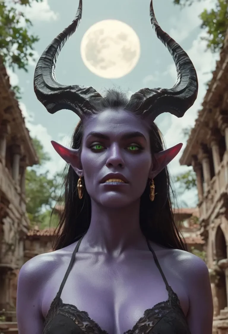 A digitally illustrated demonic woman with purple skin, majestic horns, and glowing green eyes under a full moon in a historic setting. AI generated using stable diffusion.