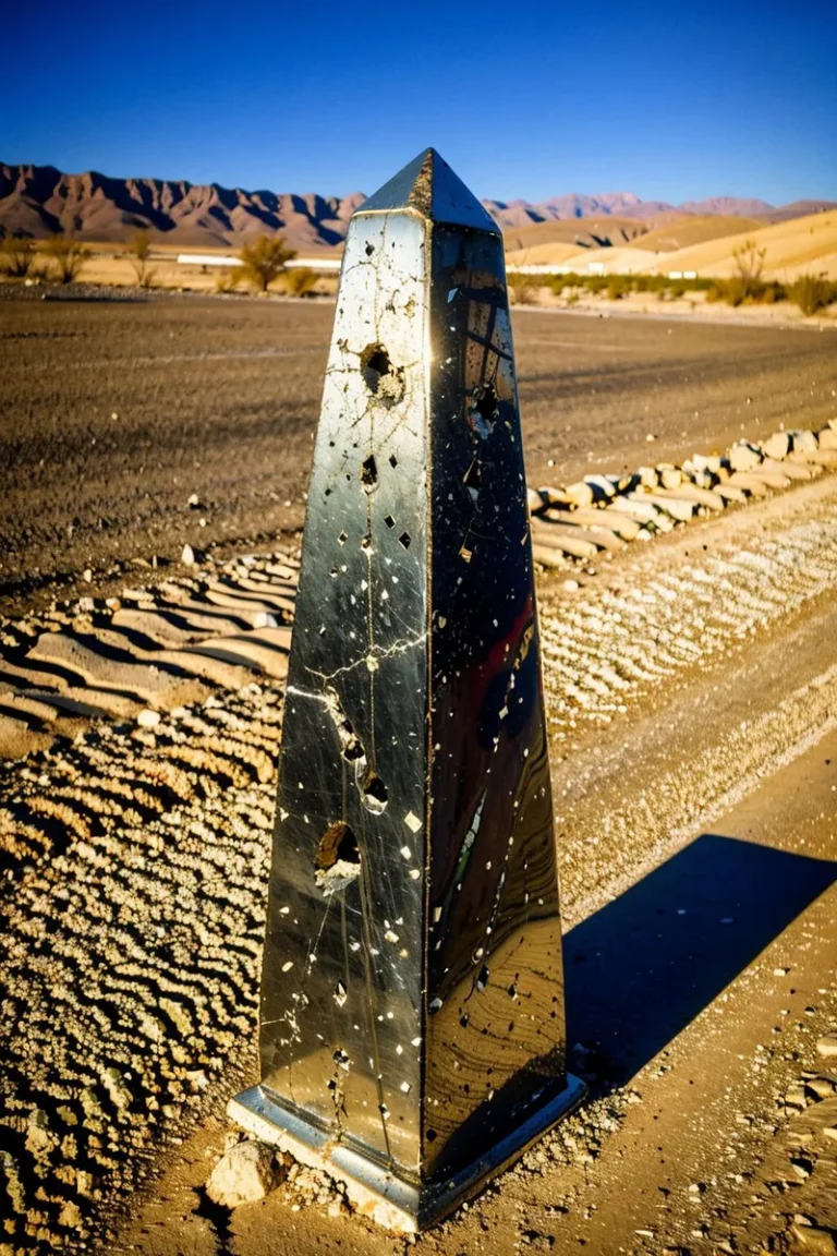 An AI generated image using Stable Diffusion showing a bullet-ridden metal obelisk standing in a desert landscape with mountains in the background.