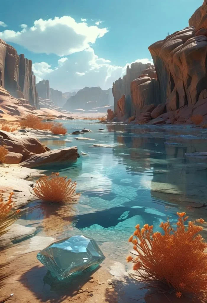 Ai generated image of a stunning desert oasis with crystal clear water reflecting the sky, encased by towering rock formations using stable diffusion.