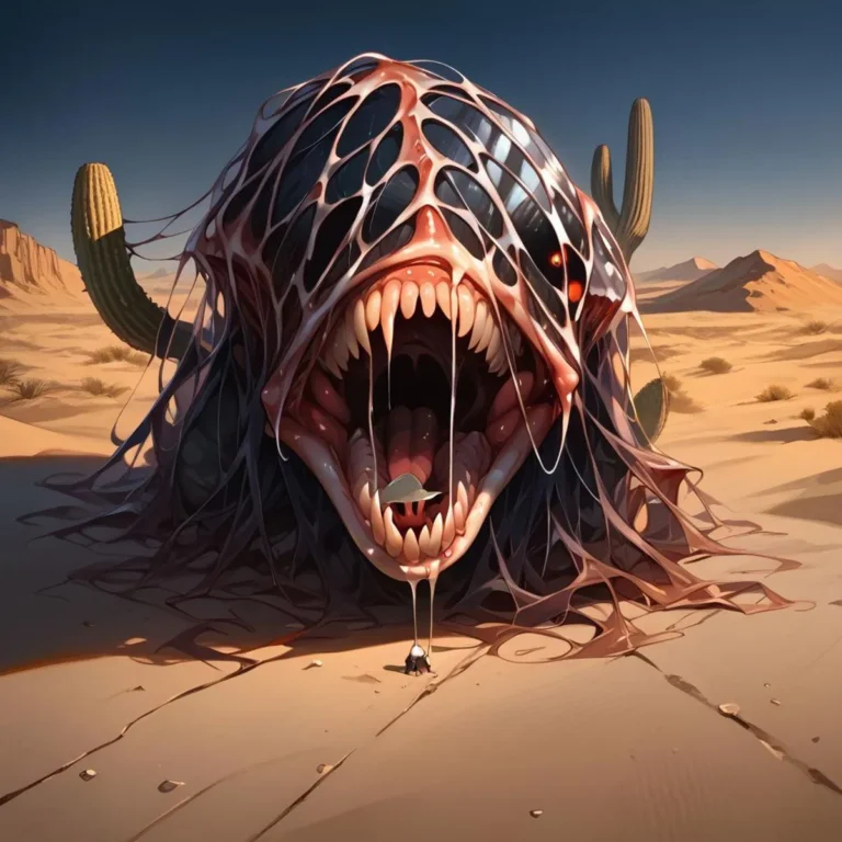 A terrifying, monstrous creature with exposed, sharp teeth and dark, hollow eye sockets emerges from a desert landscape. AI generated image using Stable Diffusion.